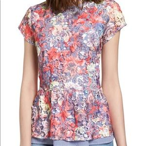 Halogen Lace Overlay Stripe Peplum Top - Small